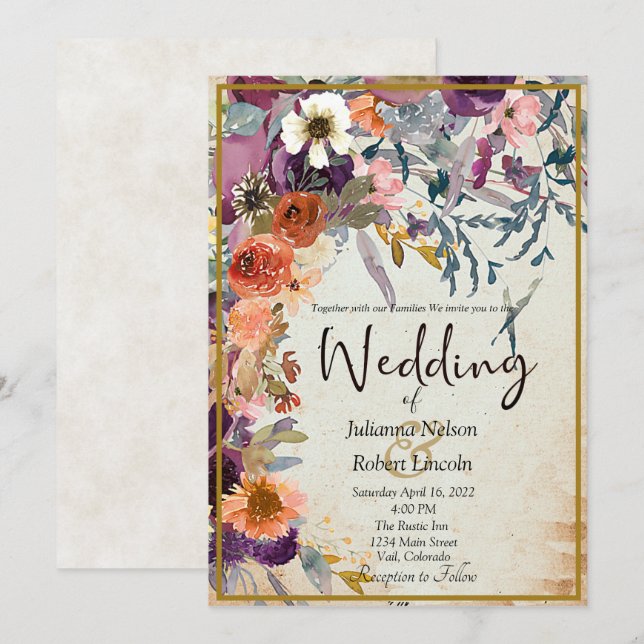 Invitation de mariage florale à l'aquarelle mixte  (Devant / Derrière)