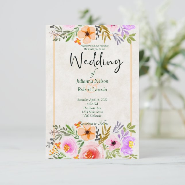 Invitation de mariage florale à l'aquarelle orange (Debout devant)