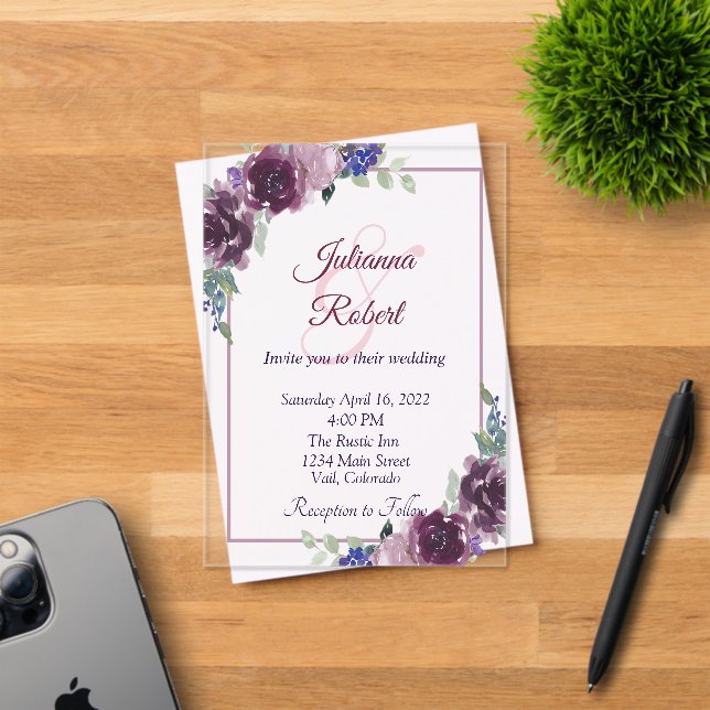 Invitation de mariage florale à l'aquarelle violet (Insitu (Carte d'invitation))