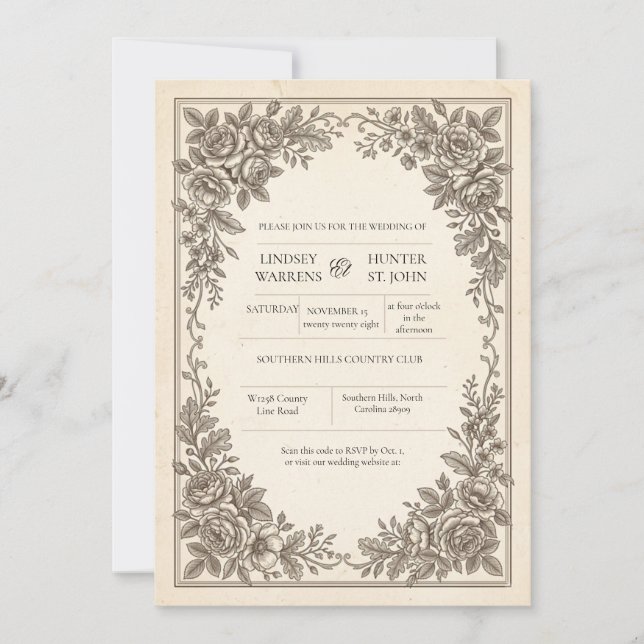 Invitation de mariage florale antique (Devant)