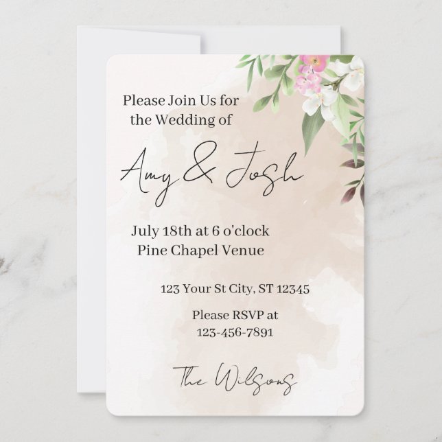 Invitation de mariage florale aquarelle (Devant)