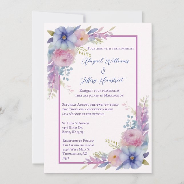 Invitation de mariage florale aquarelle (Devant)