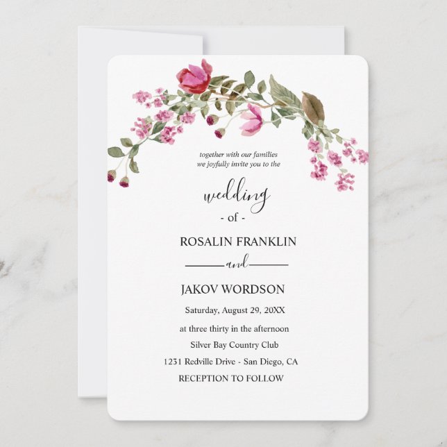 Invitation de mariage florale aquarelle (Devant)