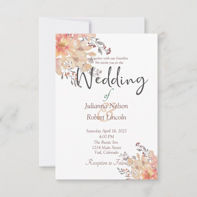 Invitation de mariage florale aquarelle abricot (Devant)