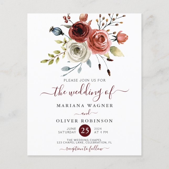 Invitation de mariage florale aquarelle automne bu (Devant)