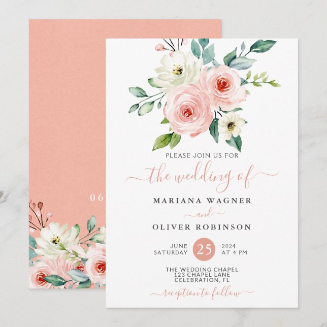 Invitation de mariage florale aquarelle blanche pê (Devant / Derrière)