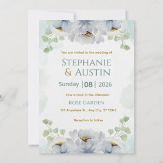 Invitation de mariage florale aquarelle bleu vert 