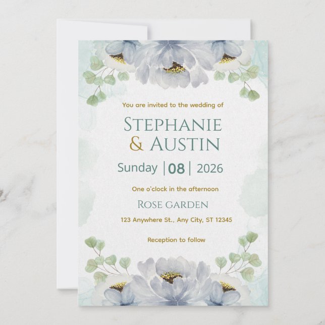 Invitation de mariage florale aquarelle bleu vert  (Dos)