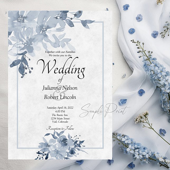Invitation de mariage florale aquarelle bleue budg (Créateur téléchargé)
