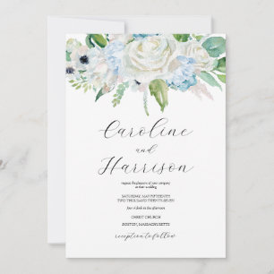 Invitation de mariage florale aquarelle bleue élég