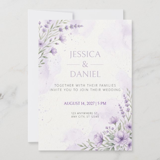 Invitation de mariage florale aquarelle lavande (Devant)