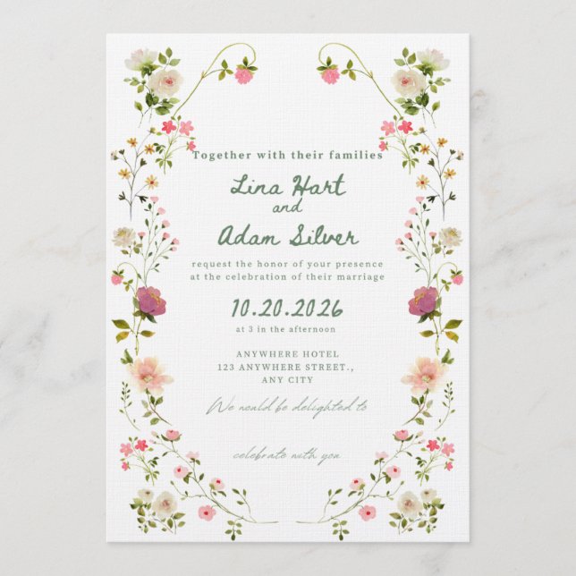 Invitation de mariage florale aquarelle modèle  (Devant)
