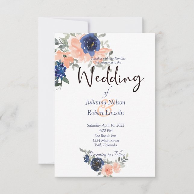 Invitation de mariage florale aquarelle pêche et b (Devant)