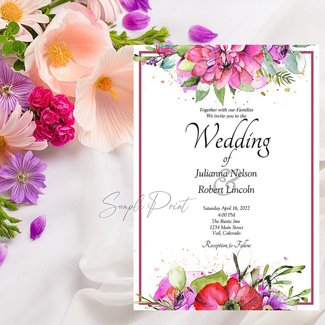 Invitation de mariage florale aquarelle rose budge (Créateur téléchargé)