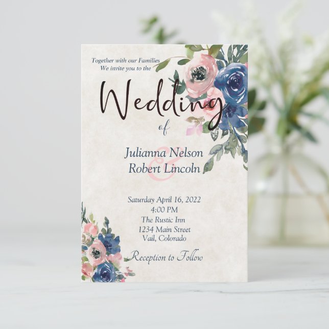 Invitation de mariage florale aquarelle rose et bl (Debout devant)