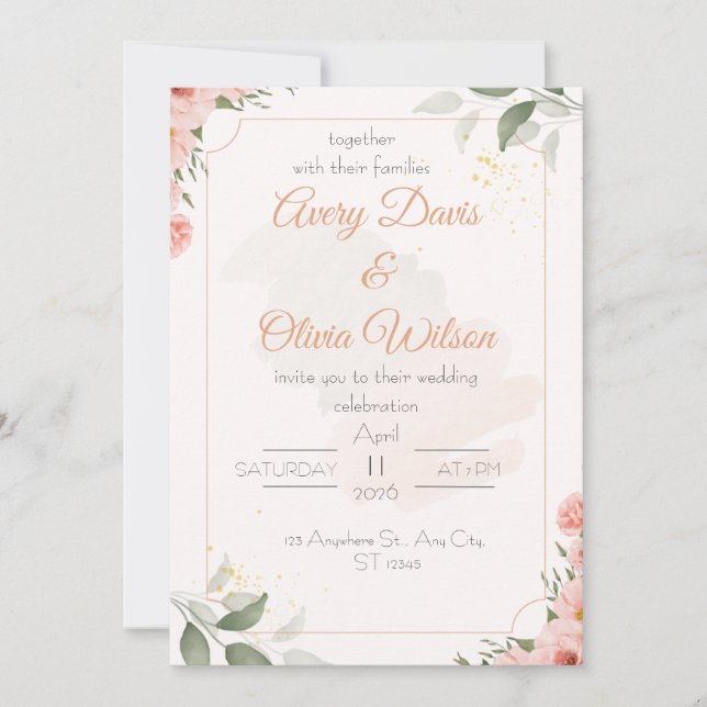 Invitation de mariage florale aquarelle rose et ve (Devant)