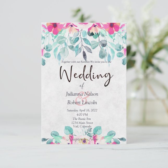 Invitation de mariage florale aquarelle rose print (Debout devant)