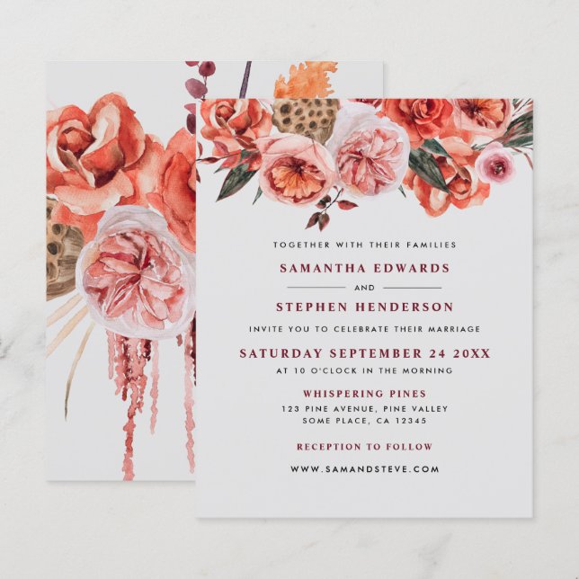 Invitation de mariage florale aquarelle rustique à (Devant / Derrière)