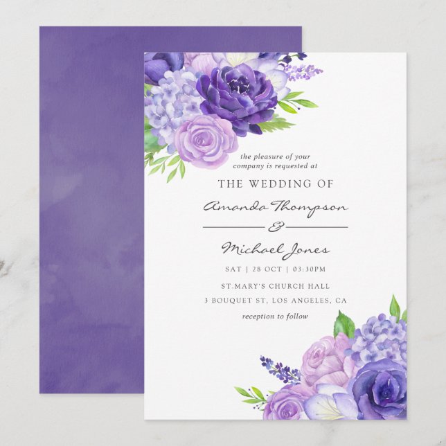 Invitation de mariage florale aquarelle ultra viol (Devant / Derrière)
