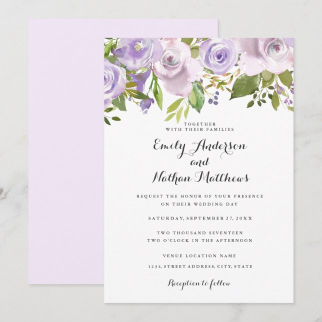 Invitation de mariage florale aquarelle violet lil (Devant / Derrière)