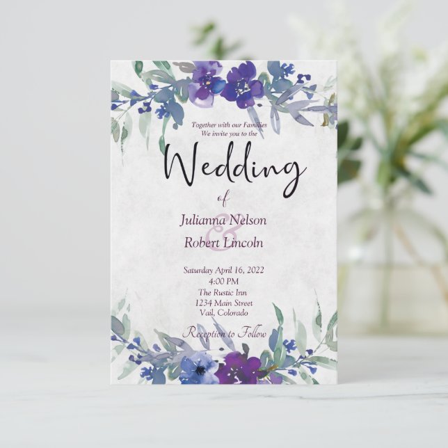 Invitation de mariage florale aquarelle violette e (Debout devant)