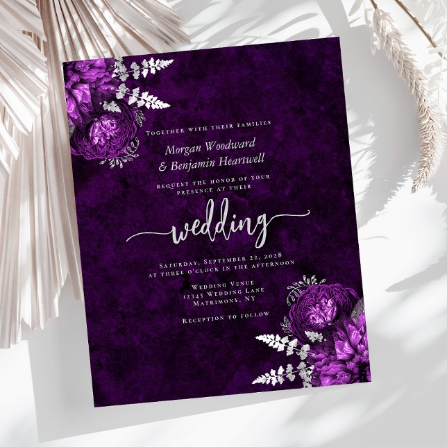Invitation de mariage florale argent violet prune  (Créateur téléchargé)