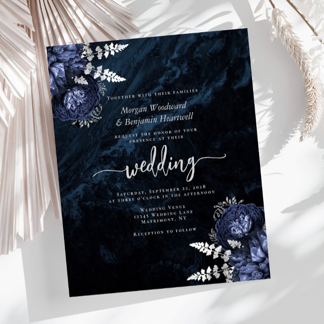 Invitation de mariage florale argentée bleu marine (Créateur téléchargé)