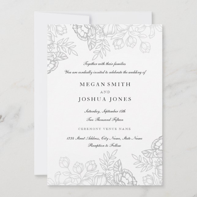 Invitation de mariage florale argentée élégante (Devant)
