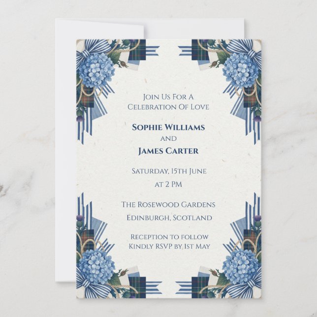 Invitation de mariage florale Art Déco bleue (Devant)