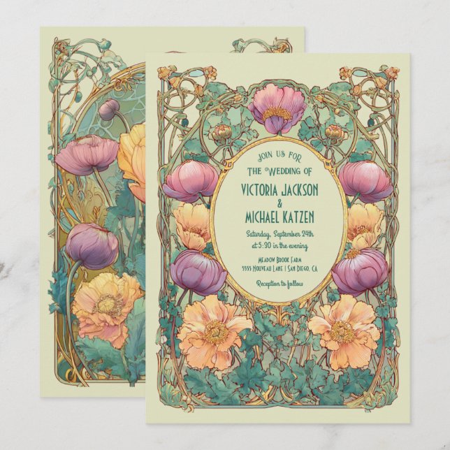Invitation de mariage florale Art Nouveau (Devant / Derrière)