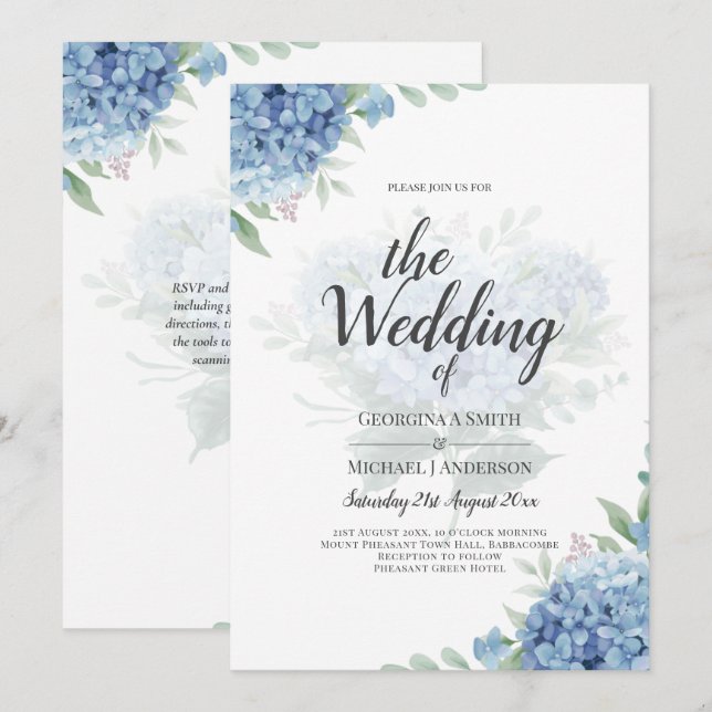 Invitation de mariage florale au hortensia bleu mo (Devant / Derrière)