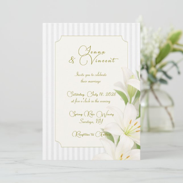 Invitation de mariage florale au lys rayé simple (Debout devant)