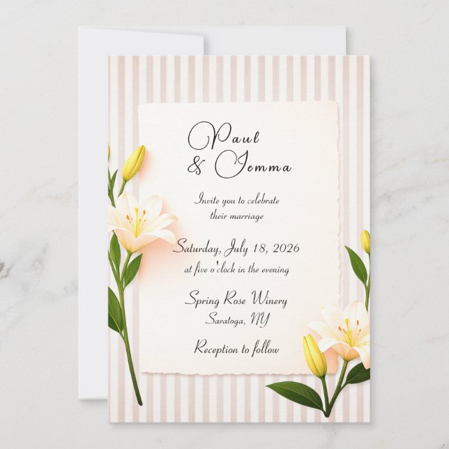 Invitation de mariage florale au lys rayé simple (Devant)