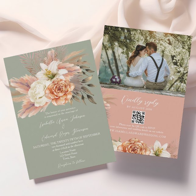 Invitation de mariage florale au QR code avec pêch (Créateur téléchargé)