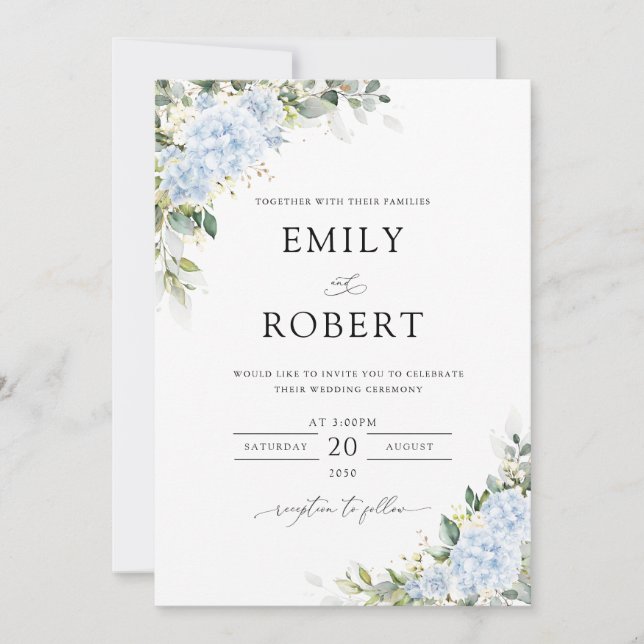 Invitation de mariage florale aux hortensias bleus (Devant)