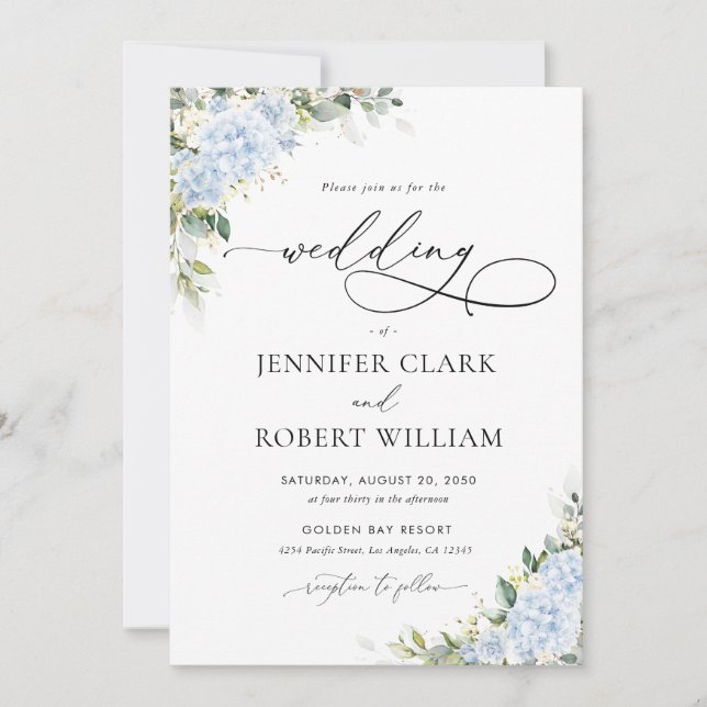 Invitation de mariage florale aux hortensias bleus (Devant)