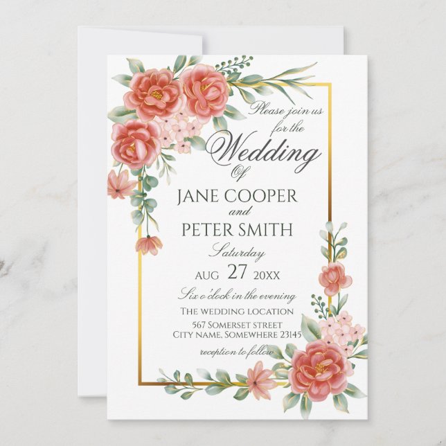 Invitation de mariage florale aux roses (Devant)