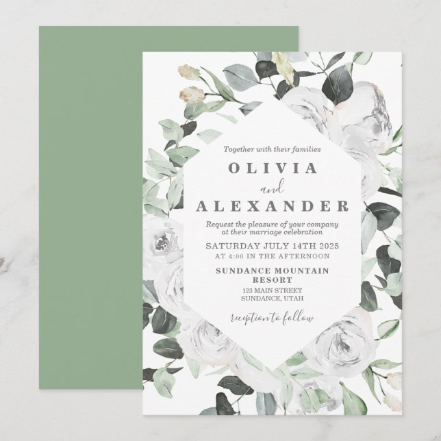 Invitation de mariage florale aux roses blanches e (Devant / Derrière)