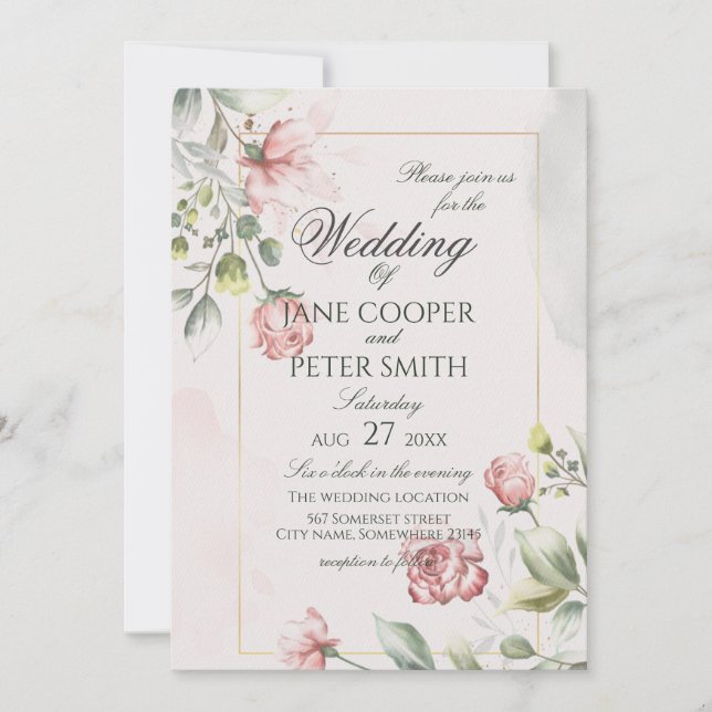 Invitation de mariage florale aux roses roses (Devant)