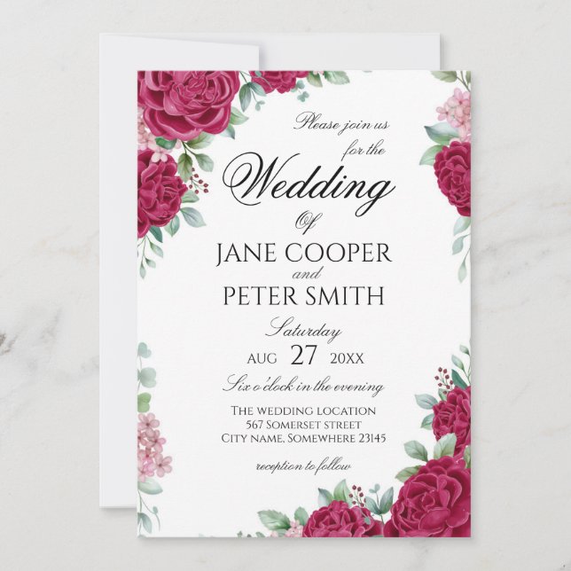Invitation de mariage florale aux roses rouges (Devant)