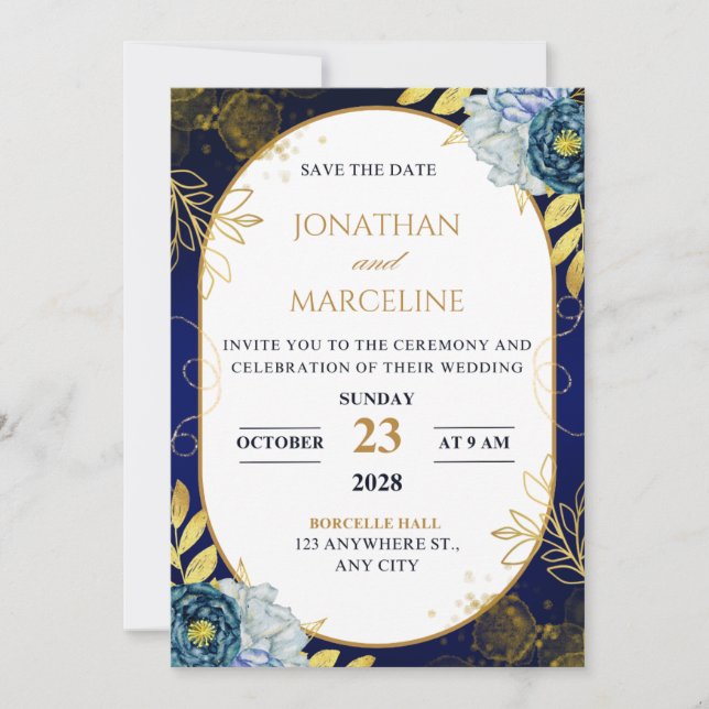 Invitation de mariage florale bleu foncé et or (Devant)