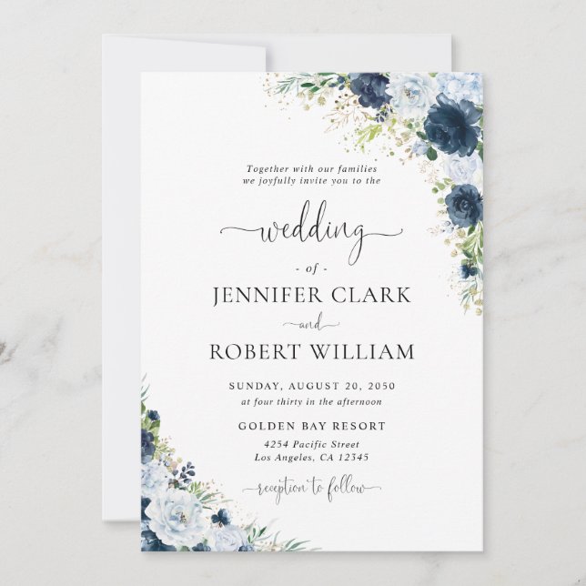 Invitation de mariage florale bleu marine (Devant)