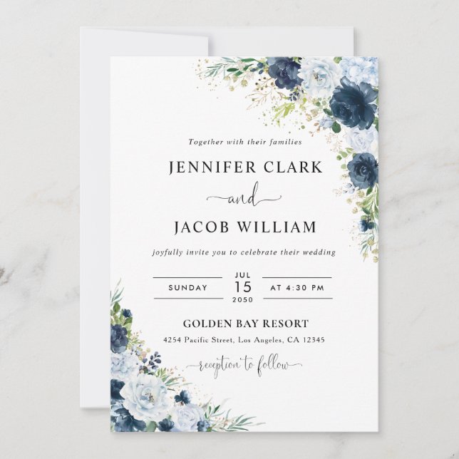 Invitation de mariage florale bleu marine (Devant)