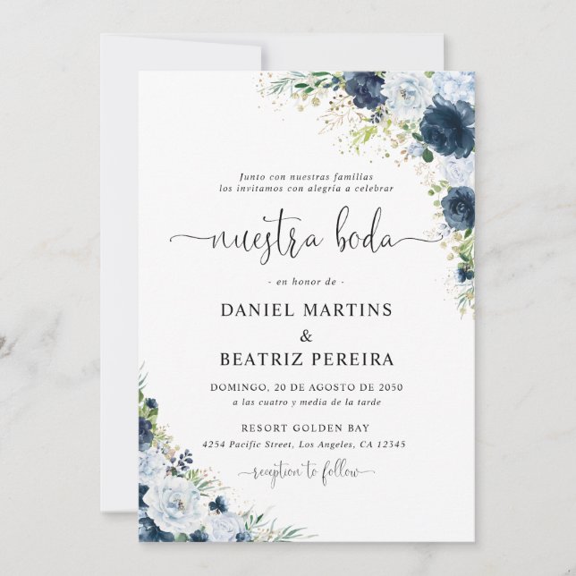 Invitation de mariage florale bleu marine (Devant)