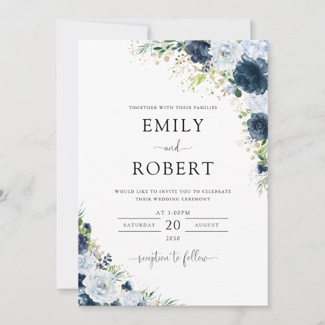 Invitation de mariage florale bleu marine (Devant)
