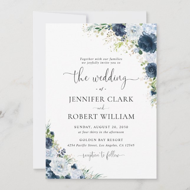 Invitation de mariage florale bleu marine (Devant)