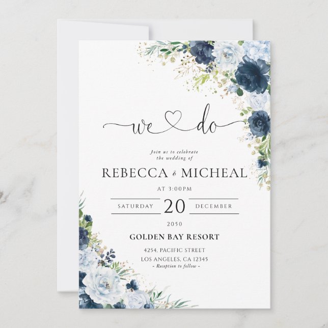 Invitation de mariage florale bleu marine (Devant)