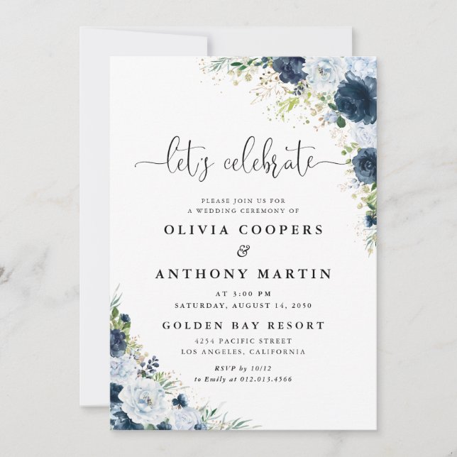 Invitation de mariage florale bleu marine (Devant)