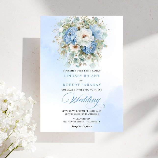 Invitation de mariage florale bleu poussiéreux boh (Boho Dusty Blue Peony Gold Floral Wedding Invite)