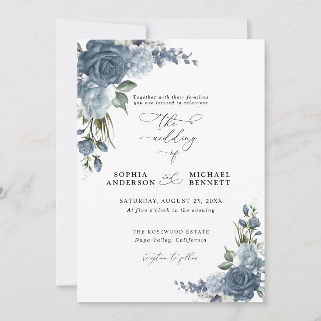 Invitation de mariage florale bleu poussiéreux élé (Devant)